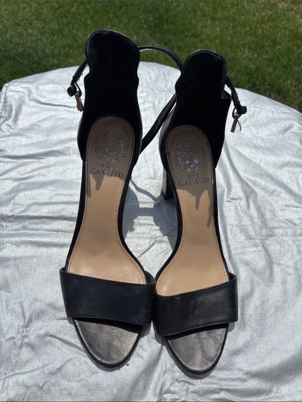 Vince Camuto Black Leather Block Heel Ankle Strap Sandals